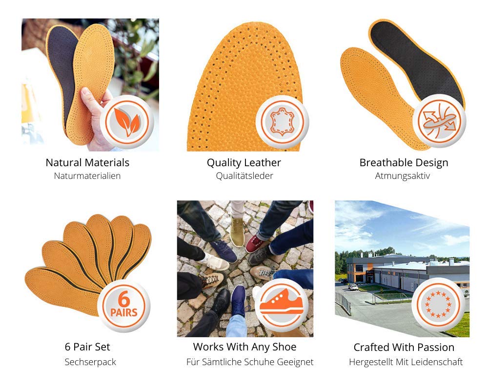 Leather Carbon Set 6 Pair Pack Leather Shoe Insoles for Men and Women with Activated Carbon Underlayer | Replacement Inserts | Kaps (Women / 7 UK / 40 EUR)