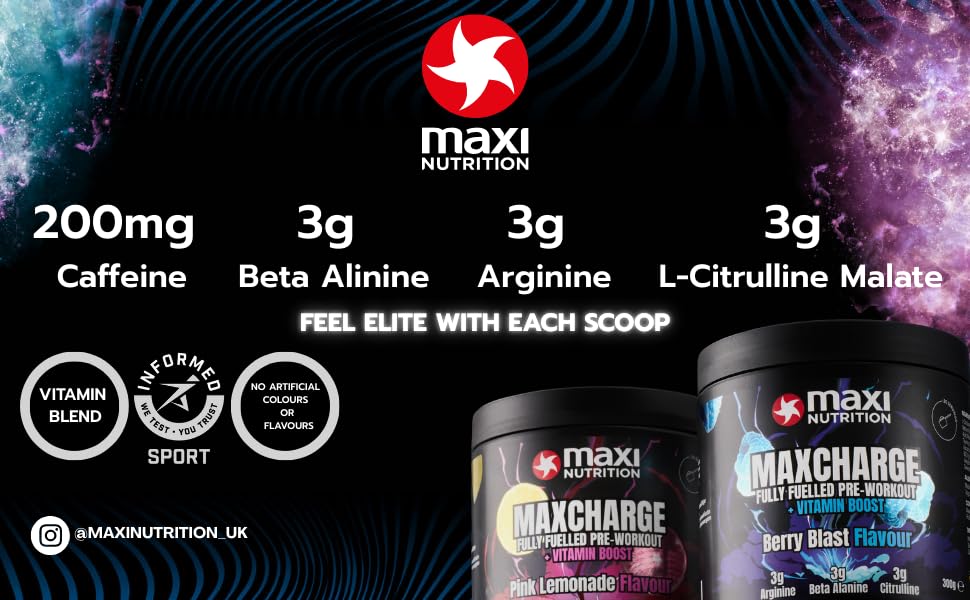 MaxiNutrition Max Charge Vitamin Boosted Pre-Workout, Perfectly Balanced Formulation for Boosting Energy & Physical Performance, Sugar-Free, Pink Lemonade Flavour, 300g - BBE 08/2026