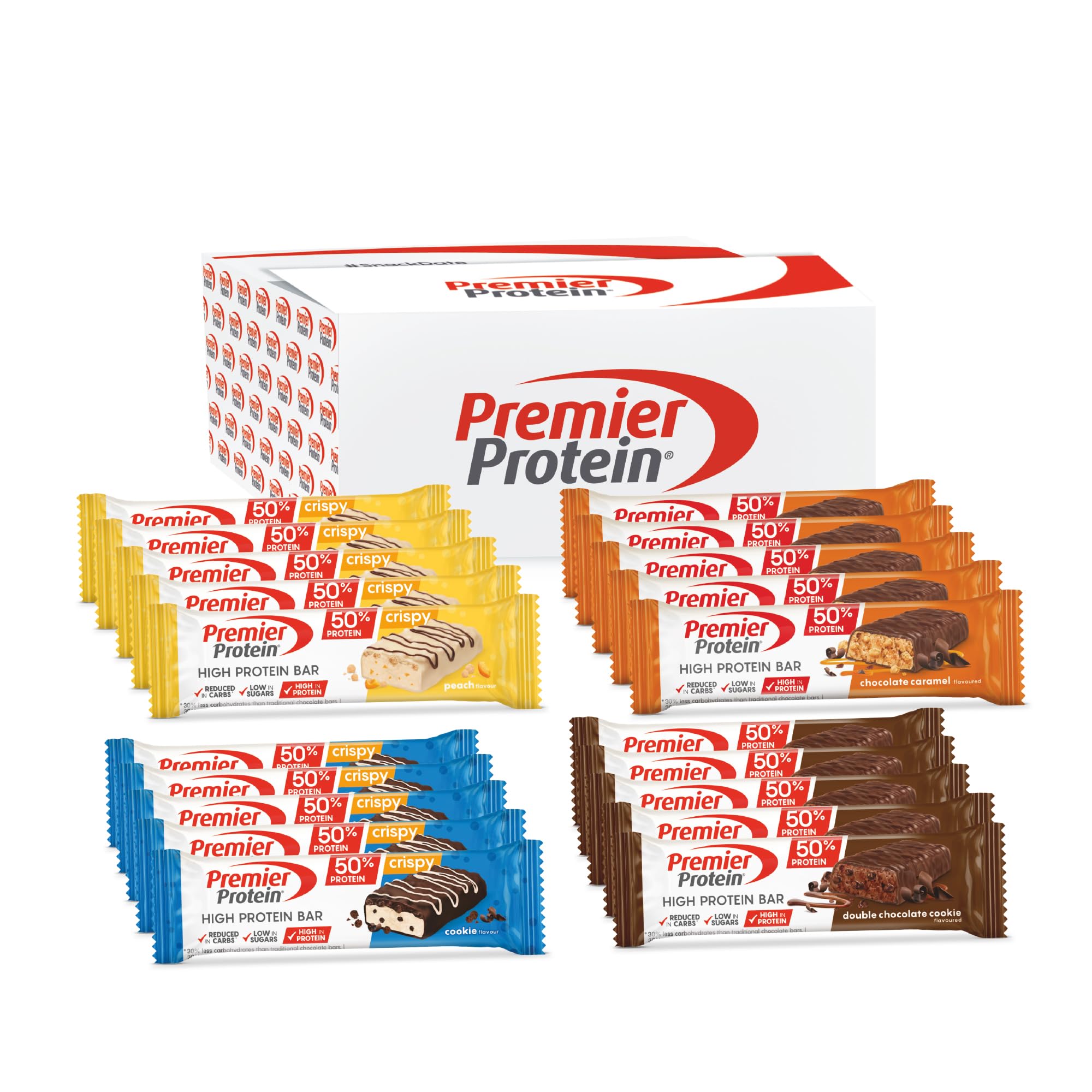 Premier Protein - High Protein Bar 50 percent - Multiflavourbox - 20x40g - Low Sugar - Low Carb - High Protein Bar - Damaged Box - BBE 08/2026
