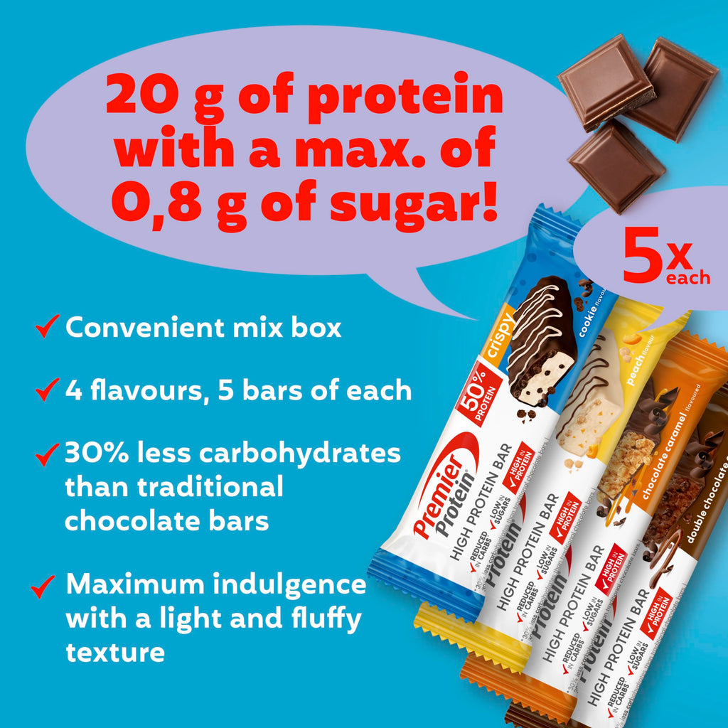 Premier Protein - High Protein Bar 50 percent - Multiflavourbox - 20x40g - Low Sugar - Low Carb - High Protein Bar - Damaged Box - BBE 08/2026