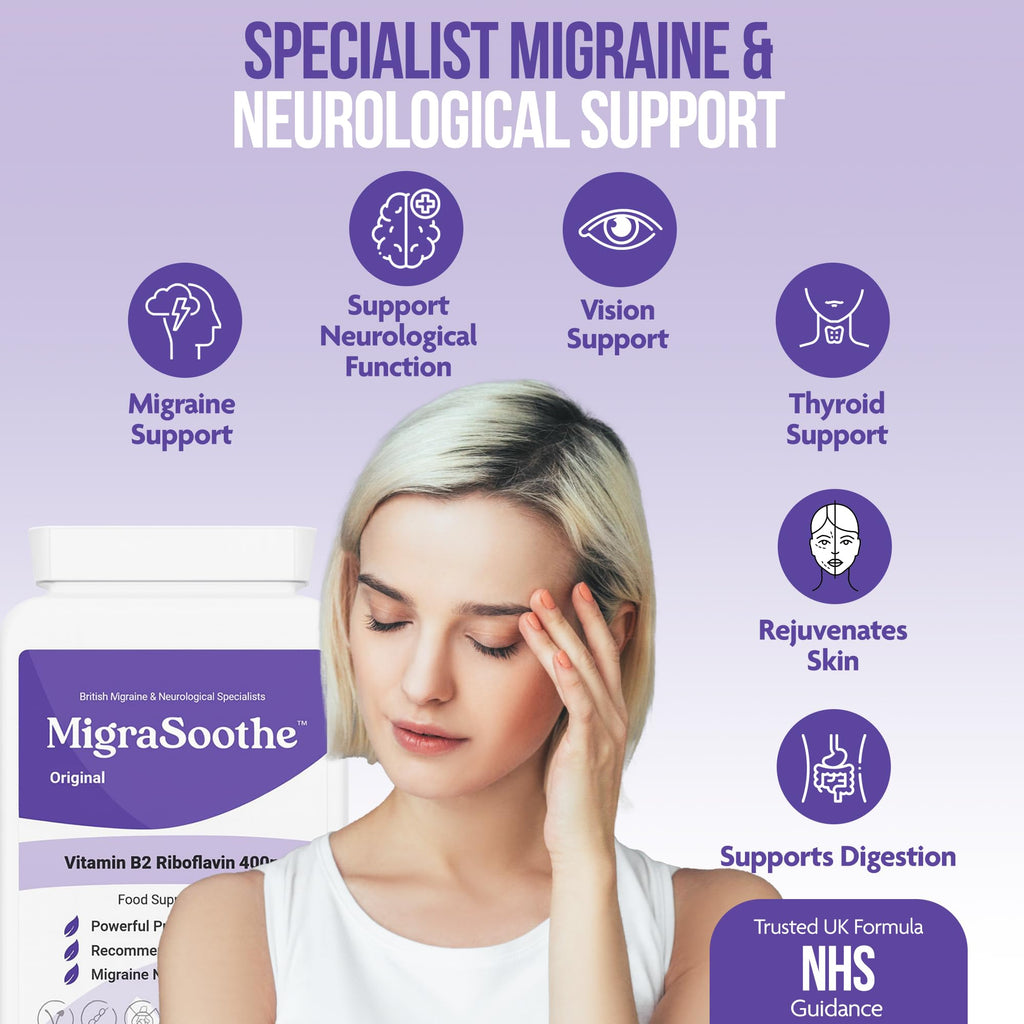 Premium Vitamin B2 Riboflavin 400mg per Capsule -Migrasoothe-B Pharma Manufacturing Standards UK Made Migraine Support, Stress, Tremors & Energy Vegan. Nice Recommended Vitamin B2 400 (30) - Damaged Box - BBE 07/2028