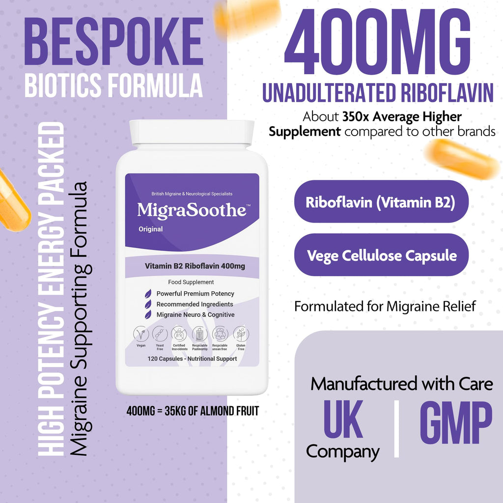 Premium Vitamin B2 Riboflavin 400mg per Capsule -Migrasoothe-B Pharma Manufacturing Standards UK Made Migraine Support, Stress, Tremors & Energy Vegan. Nice Recommended Vitamin B2 400 (30) - Damaged Box - BBE 07/2028
