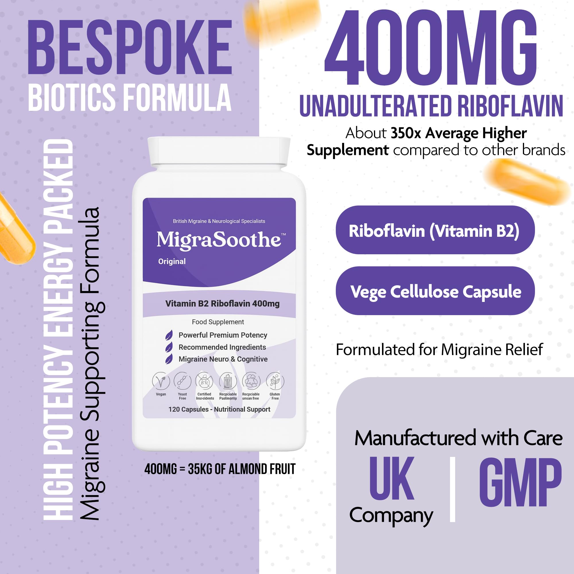 Premium Vitamin B2 Riboflavin 400mg per Capsule -Migrasoothe-B Pharma Manufacturing Standards UK Made Migraine Support, Stress, Tremors & Energy Vegan. Nice Recommended Vitamin B2 400 (30) - Damaged Box - BBE 07/2028