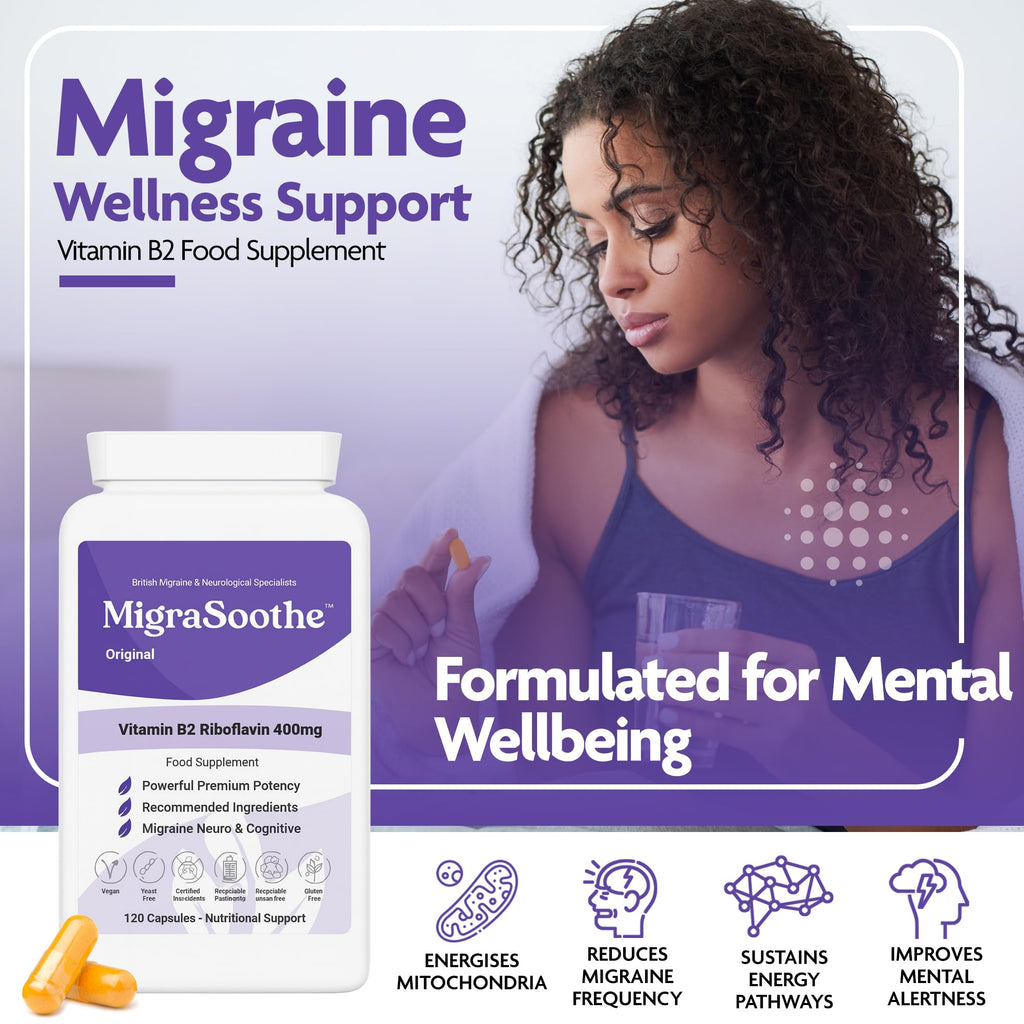 Premium Vitamin B2 Riboflavin 400mg per Capsule -Migrasoothe-B Pharma Manufacturing Standards UK Made Migraine Support, Stress, Tremors & Energy Vegan. Nice Recommended Vitamin B2 400 (30) - Damaged Box - BBE 07/2028