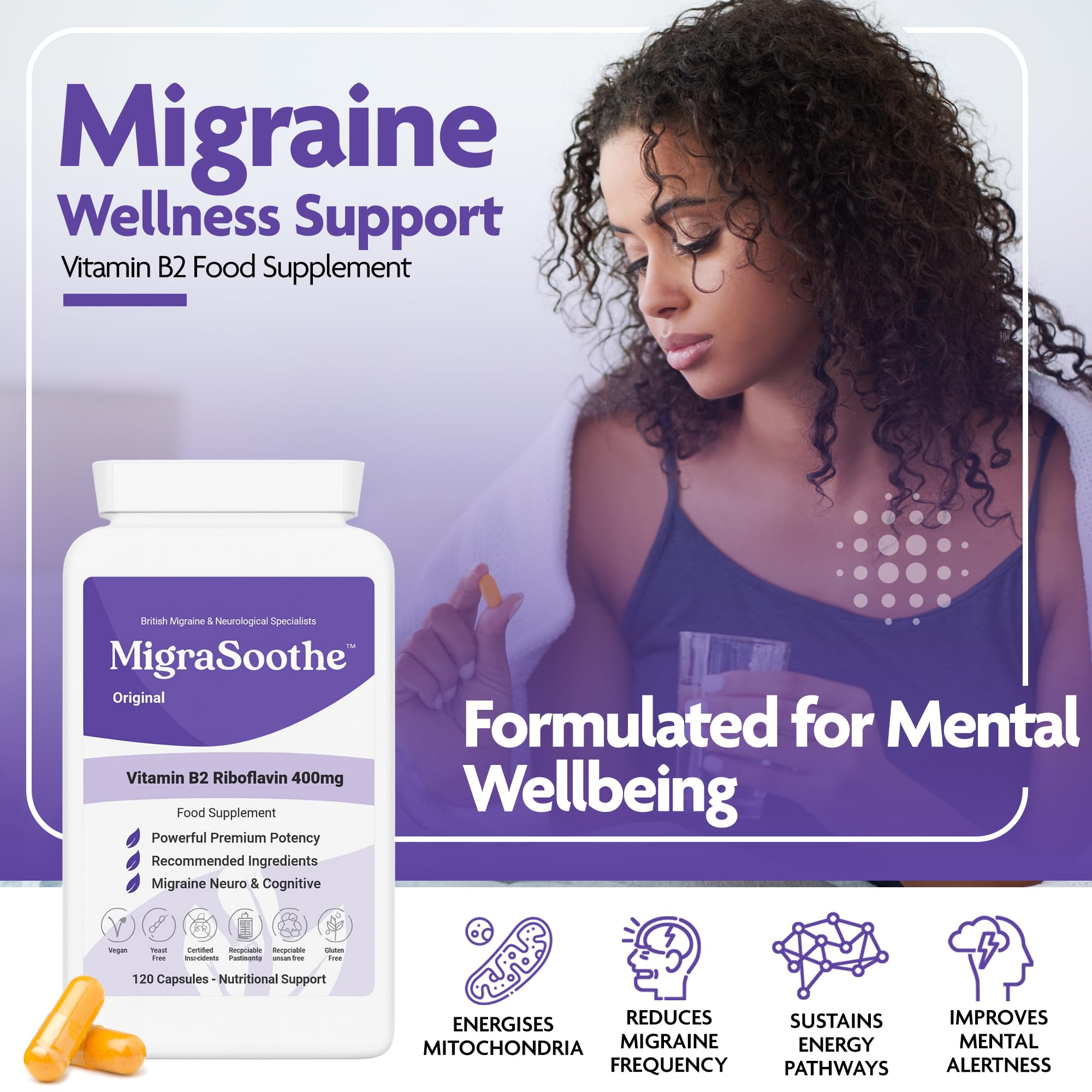 Premium Vitamin B2 Riboflavin 400mg per Capsule -Migrasoothe-B Pharma Manufacturing Standards UK Made Migraine Support, Stress, Tremors & Energy Vegan. Nice Recommended Vitamin B2 400 (30) - Damaged Box - BBE 07/2028