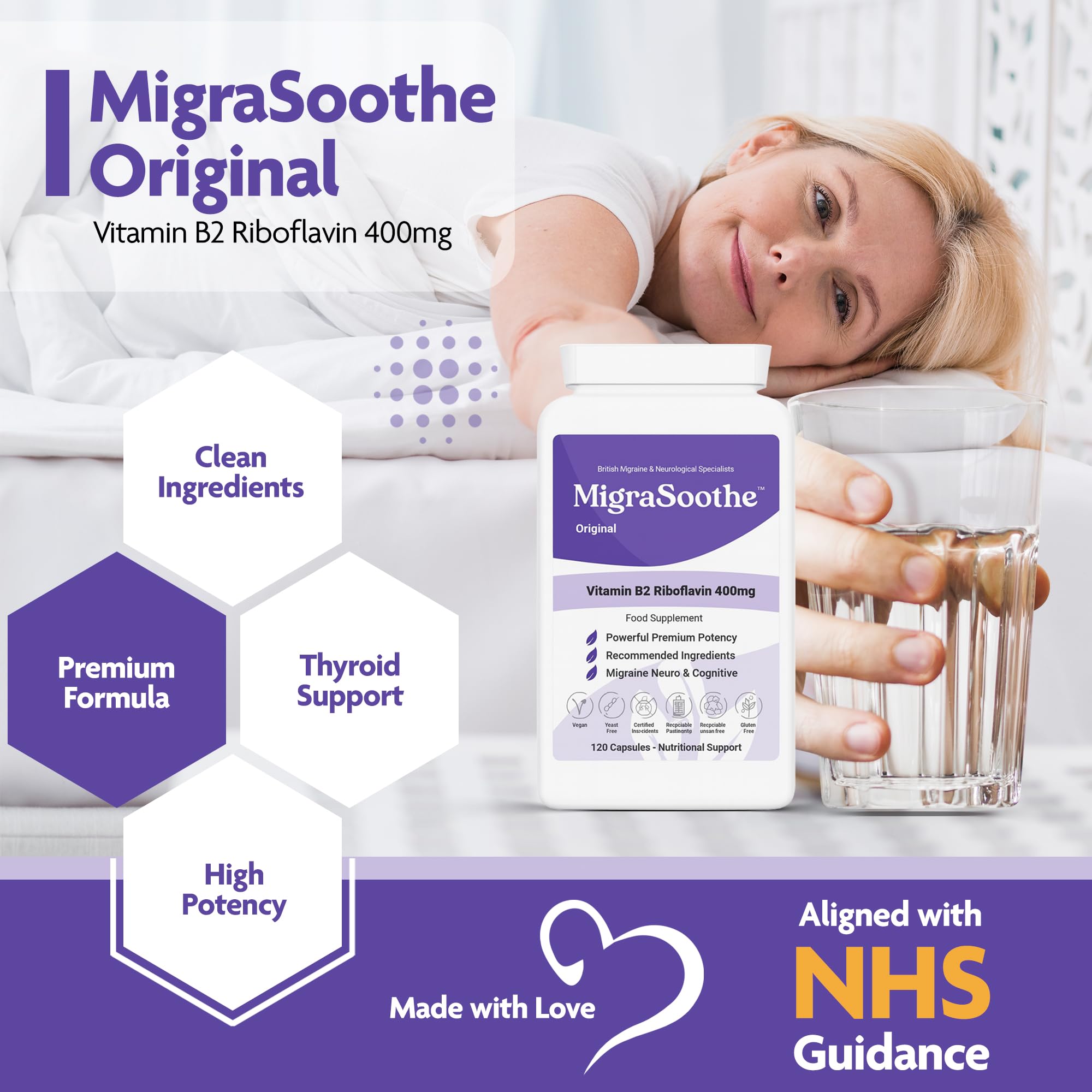 Premium Vitamin B2 Riboflavin 400mg per Capsule -Migrasoothe-B Pharma Manufacturing Standards UK Made Migraine Support, Stress, Tremors & Energy Vegan. Nice Recommended Vitamin B2 400 (30) - Damaged Box - BBE 07/2028