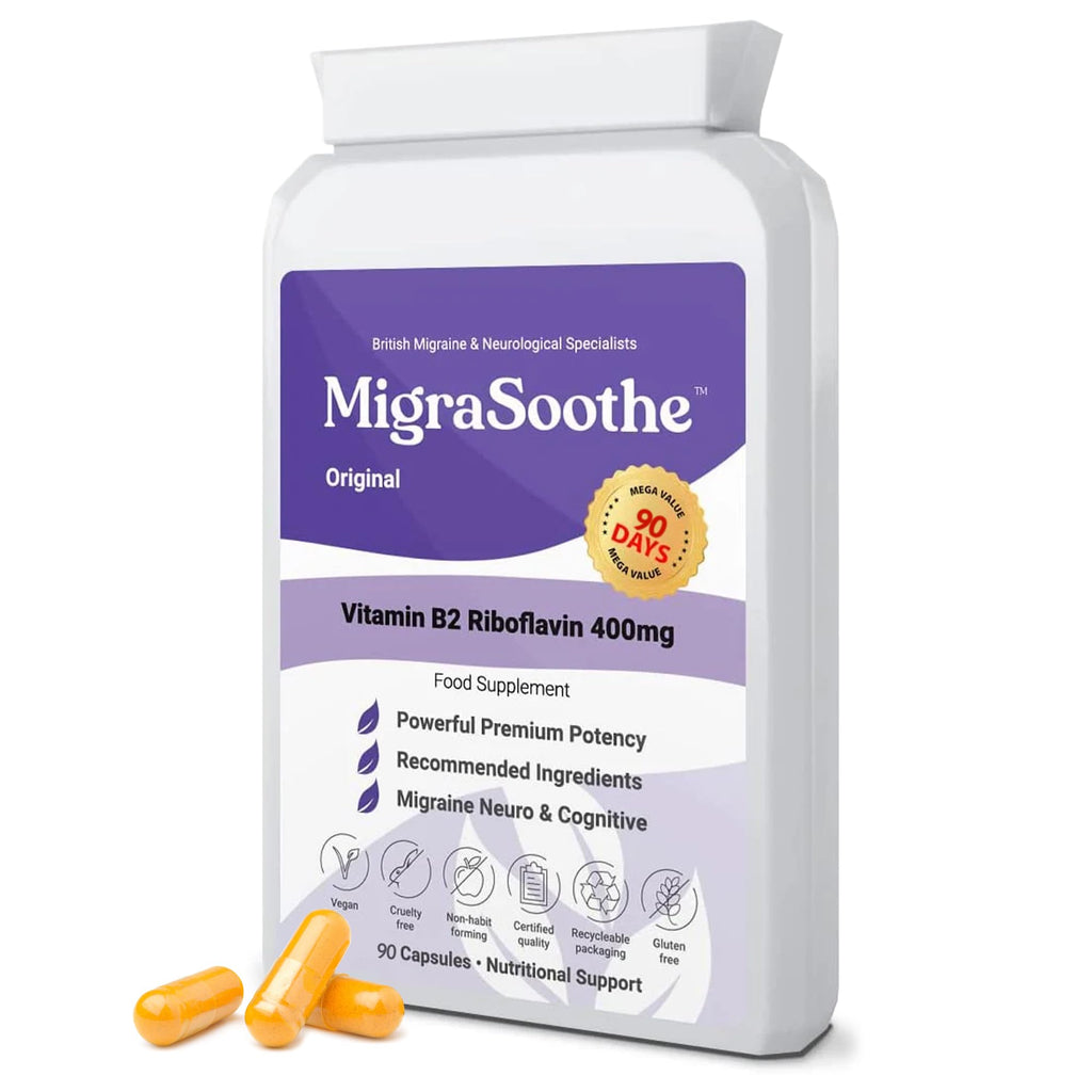 Premium Vitamin B2 Riboflavin 400mg per Capsule -Migrasoothe-B Pharma Manufacturing Standards UK Made Migraine Support, Stress, Tremors & Energy Vegan. Nice Recommended Vitamin B2 400 (30) - Damaged Box - BBE 07/2028