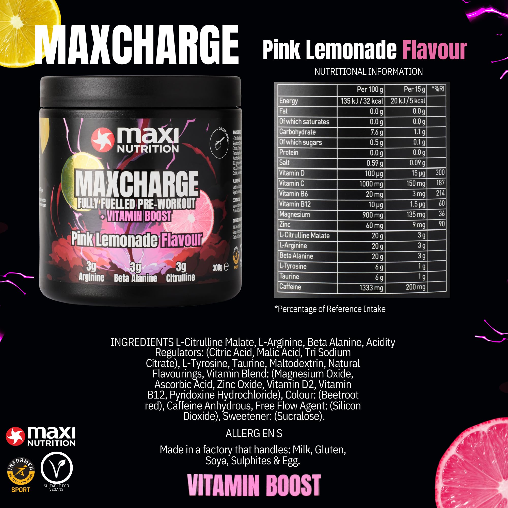 MaxiNutrition Max Charge Pre-Workout Powder, Pink Lemonade, 300g - Sugar-Free Vitamin Boost for Energy & Performance - BBE 08/2026
