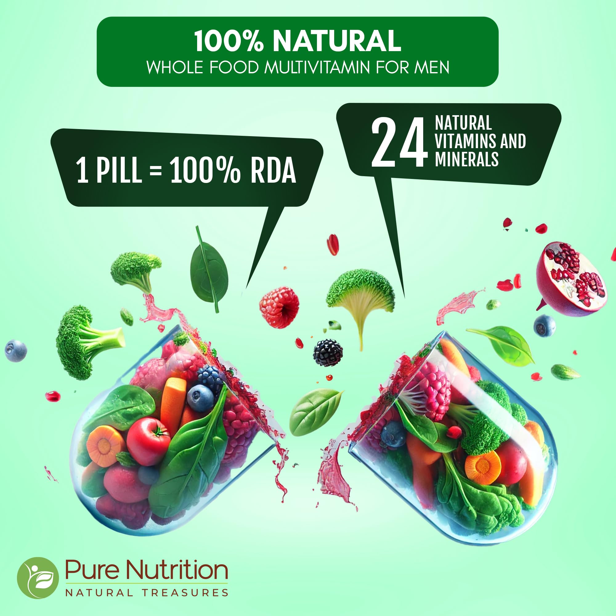 Pure Nutrition Whole Food Multivitamins for Men | 90 Tabs | One-A-Day | 100% RDA | 24 Natural Vitamins and Minerals | All Natural Plant Based Men's Multivitamin | 3 Months Supply