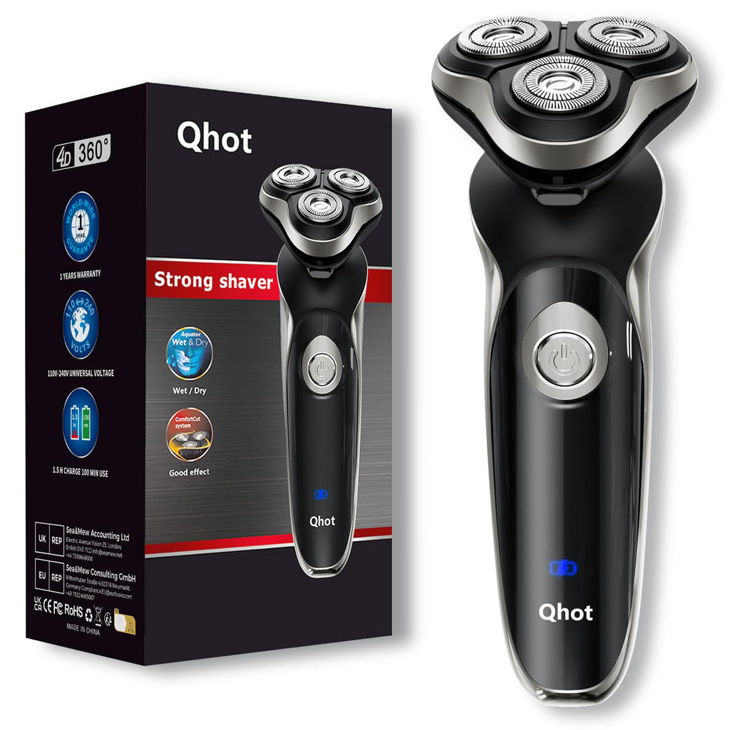 Qhot Electric Razor for Men, 3D Floating Rotary Shaver, Wet & Dry Rechargeable Electric Razor with Pop-Up Trimmer, 100 Mins Runtime, Non-Slip Handle(Black) - Damaged Box