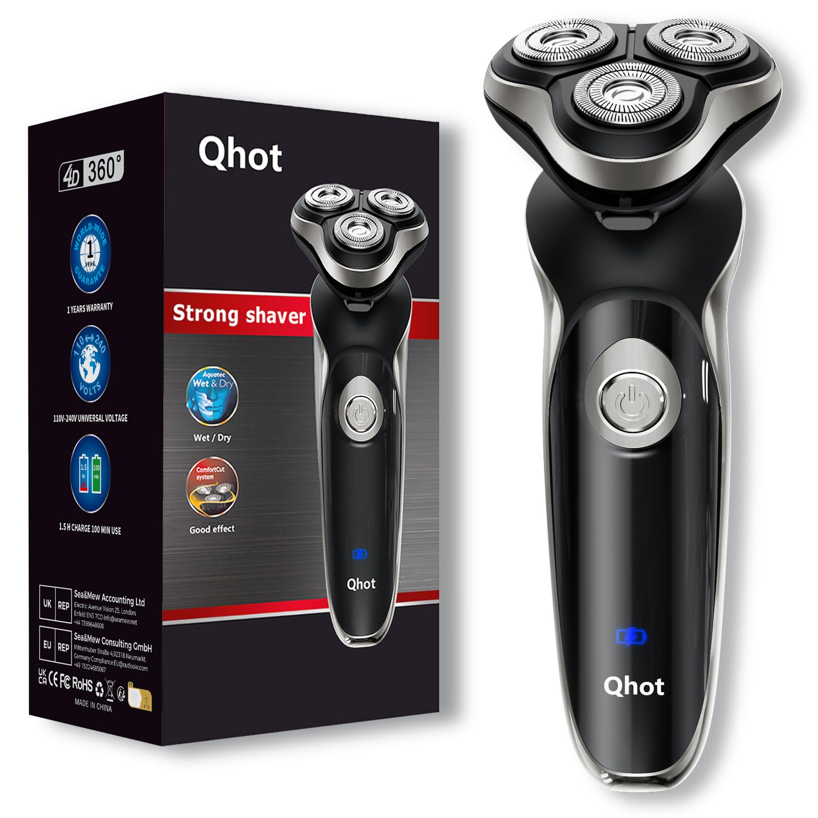 Qhot Electric Razor for Men, 3D Floating Rotary Shaver, Wet & Dry Rechargeable Electric Razor with Pop-Up Trimmer, 100 Mins Runtime, Non-Slip Handle(Black) - Damaged Box
