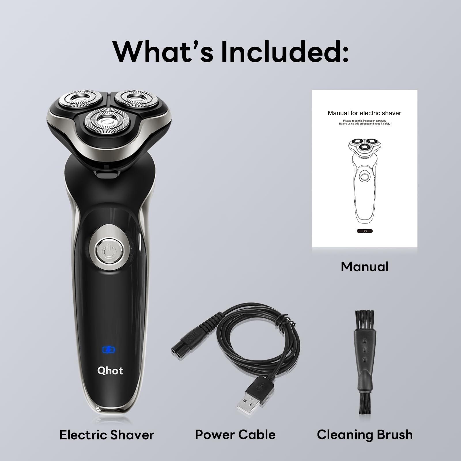 Qhot Electric Razor for Men, 3D Floating Rotary Shaver, Wet & Dry Rechargeable Electric Razor with Pop-Up Trimmer, 100 Mins Runtime, Non-Slip Handle(Black) - Damaged Box