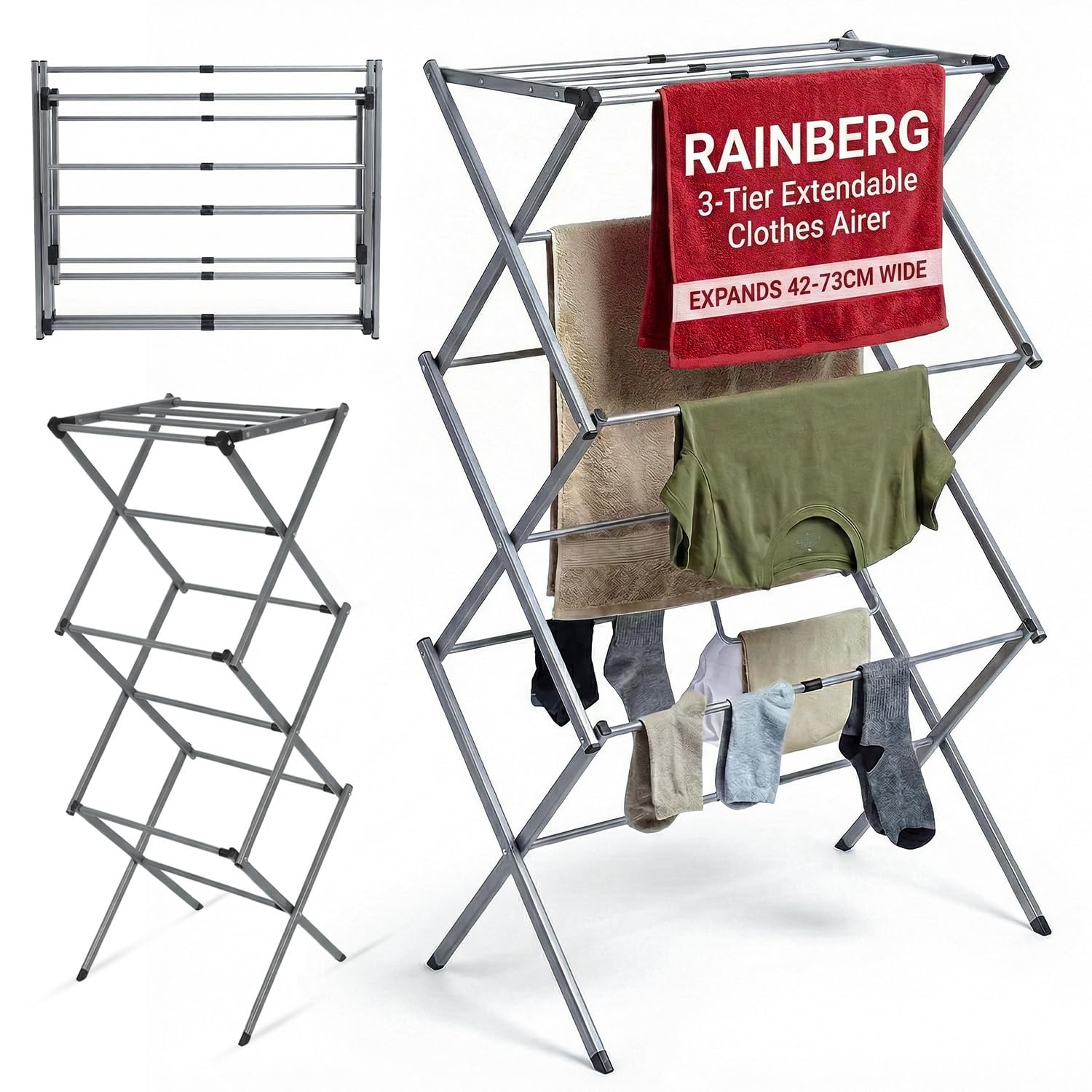 Rainberg 3 Tier Extendable Clothes Airer Indoor Outdoor, 38x73x106cm Size 8kg Capacity Slimline Laundry Rack, Space Saving Clothes Drying Rack, Rust-Resistant, Non-Slip Feet Foldable Heavy-Duty Design - Damaged Box