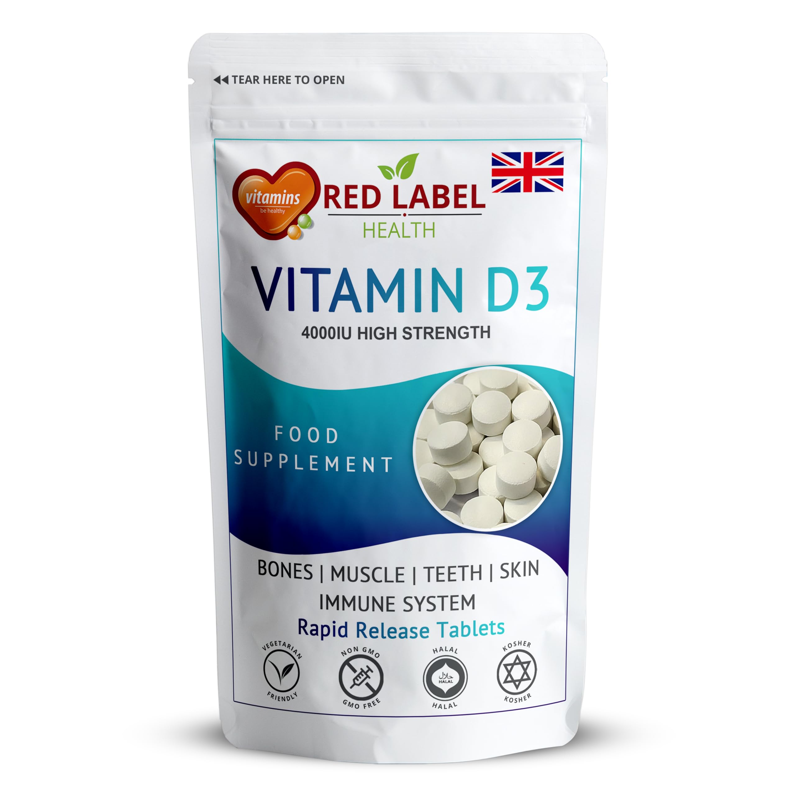 Red Label Health Vitamin D3 4000 IU, Pack of 400 Vitamin D Tablets (1+ Year Supply), Healthy Teeth & Bones, Supports Immune System, High Strength Vitamin D Supplement for Men & Women, UK-Made - BBE 02/2028
