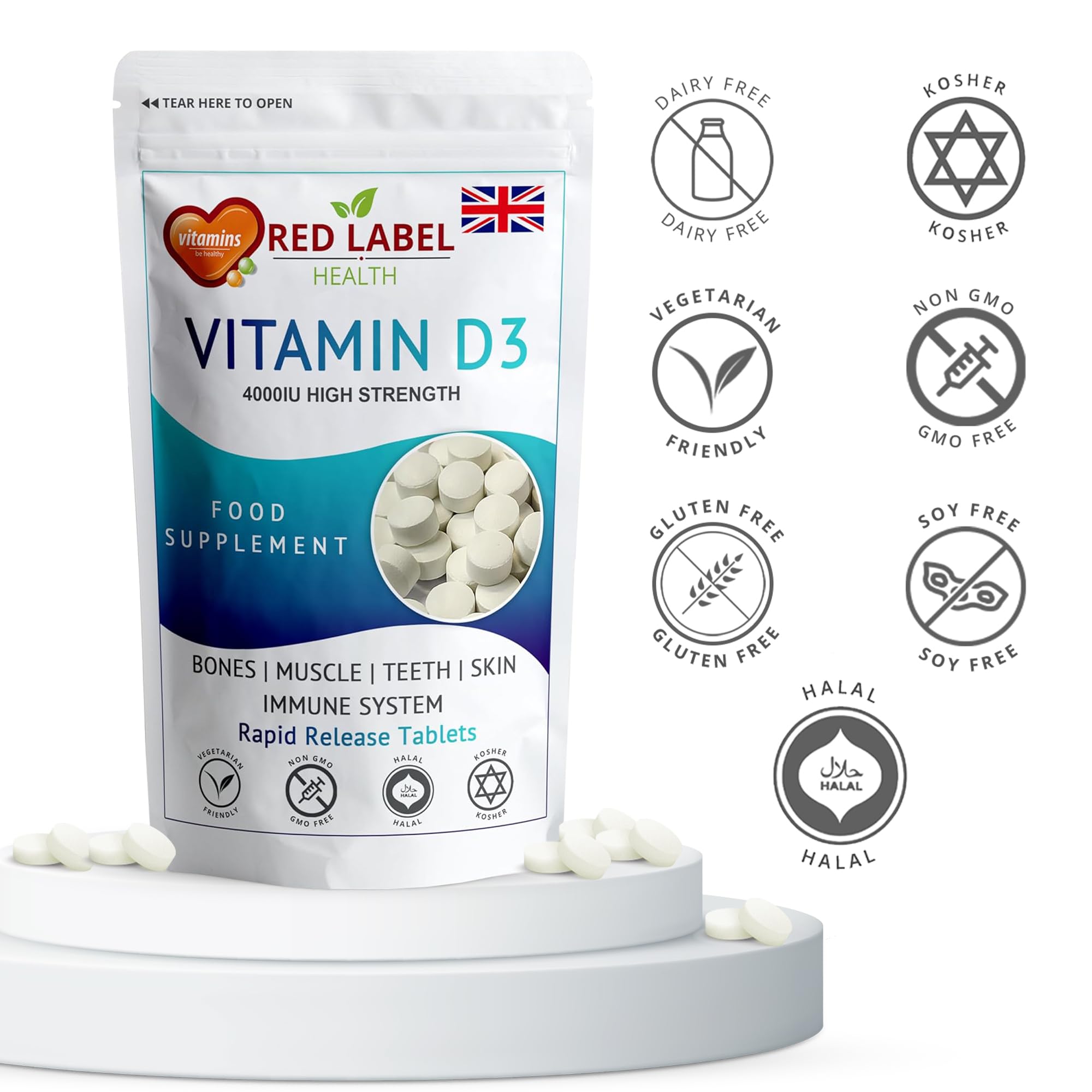 Red Label Health Vitamin D3 4000 IU, Pack of 400 Vitamin D Tablets (1+ Year Supply), Healthy Teeth & Bones, Supports Immune System, High Strength Vitamin D Supplement for Men & Women, UK-Made - BBE 02/2028