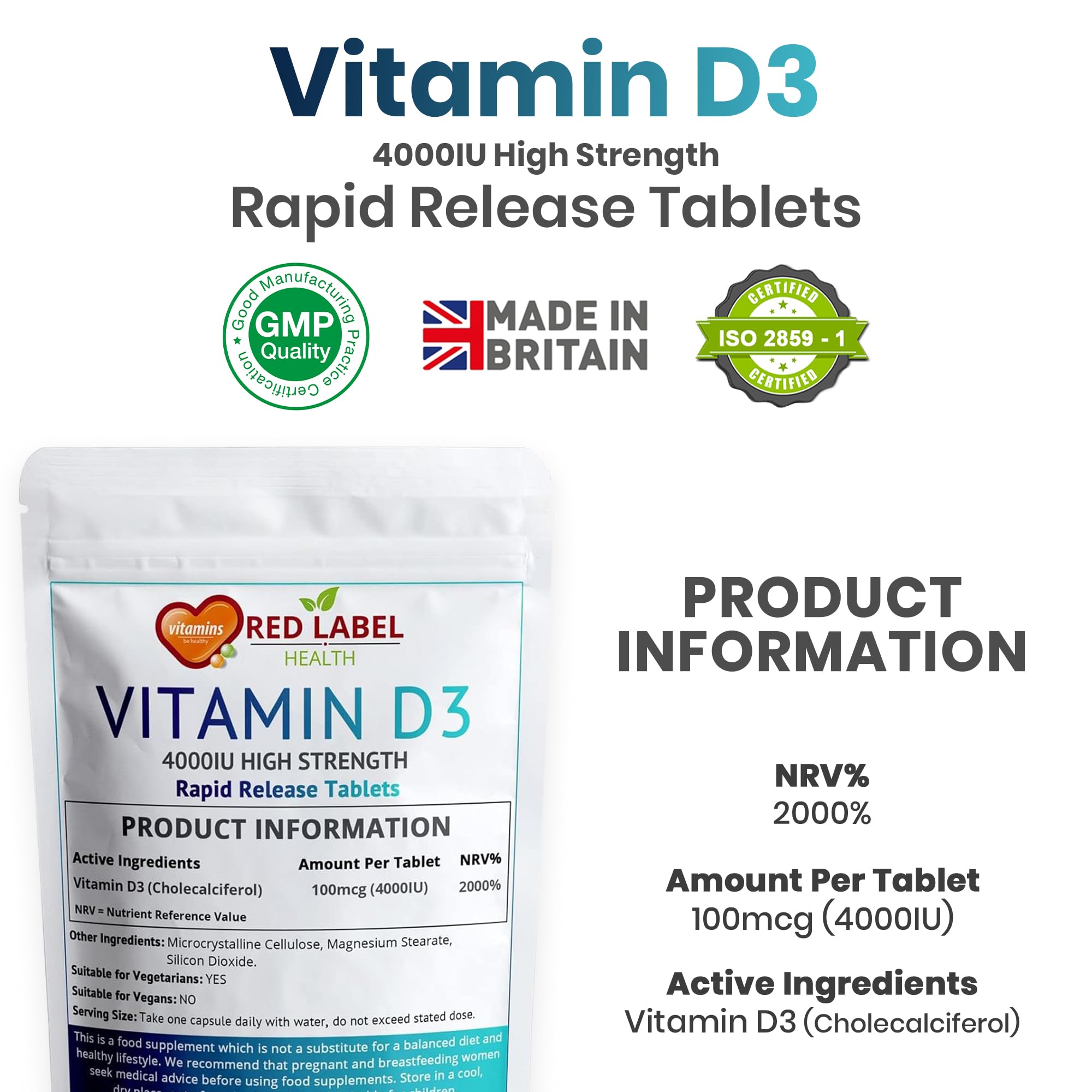 Red Label Health Vitamin D3 4000 IU, Pack of 400 Vitamin D Tablets (1+ Year Supply), Healthy Teeth & Bones, Supports Immune System, High Strength Vitamin D Supplement for Men & Women, UK-Made - BBE 02/2028