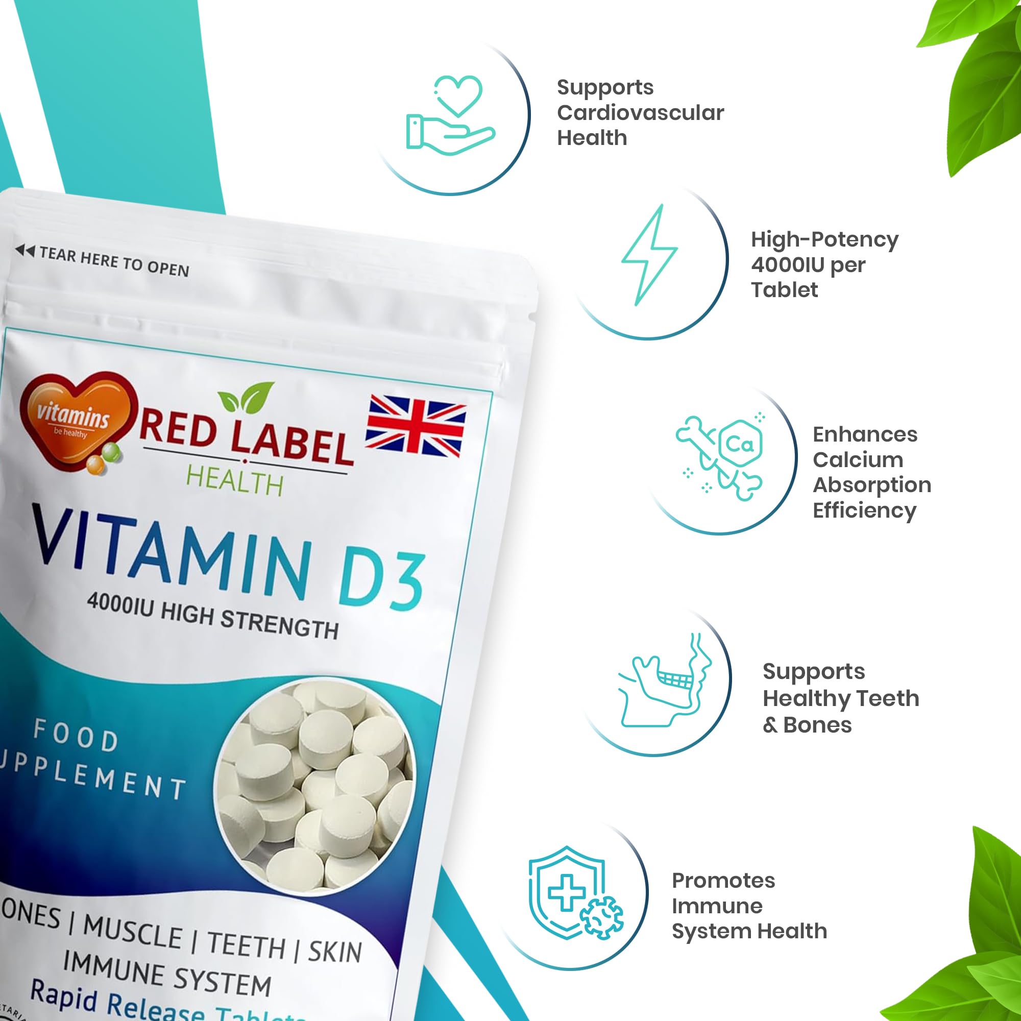 Red Label Health Vitamin D3 4000 IU, Pack of 400 Vitamin D Tablets (1+ Year Supply), Healthy Teeth & Bones, Supports Immune System, High Strength Vitamin D Supplement for Men & Women, UK-Made - BBE 02/2028