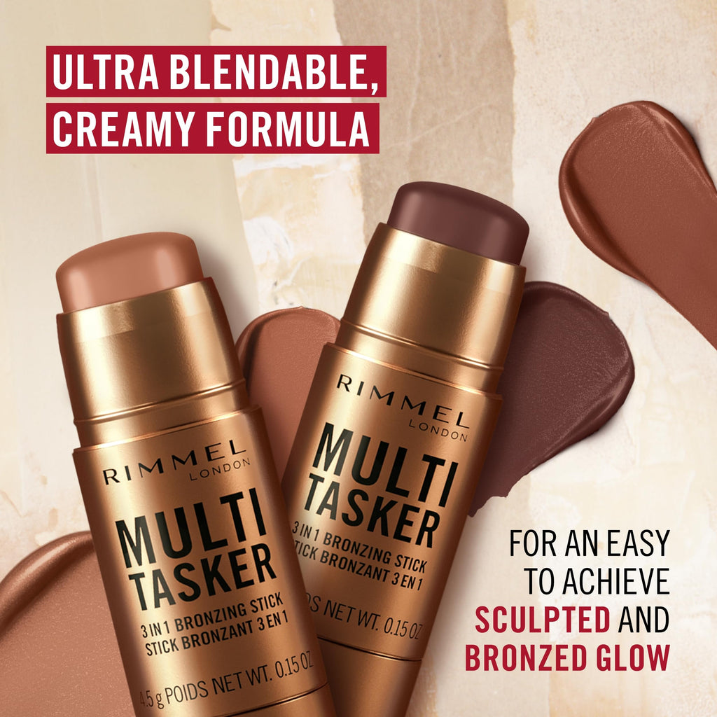 Rimmel Multi Tasker 3 in 1 Bronzing Stick, 001 Light, Sculpted and Bronzed Glow, All-Day Wear, Sheer and Dewy Finish, Infused with Vitamin C & E, Vegan Formula, Cruelty-Free