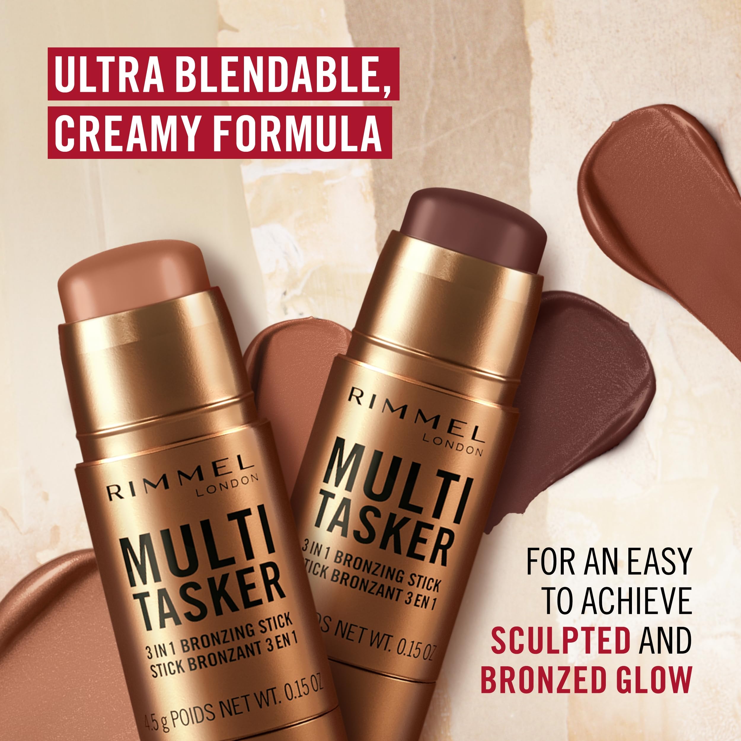 Rimmel Multi Tasker 3 in 1 Bronzing Stick, 001 Light, Sculpted and Bronzed Glow, All-Day Wear, Sheer and Dewy Finish, Infused with Vitamin C & E, Vegan Formula, Cruelty-Free