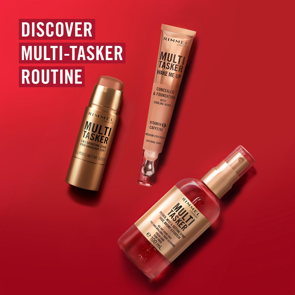Rimmel Multi Tasker 3 in 1 Bronzing Stick, 001 Light, Sculpted and Bronzed Glow, All-Day Wear, Sheer and Dewy Finish, Infused with Vitamin C & E, Vegan Formula, Cruelty-Free