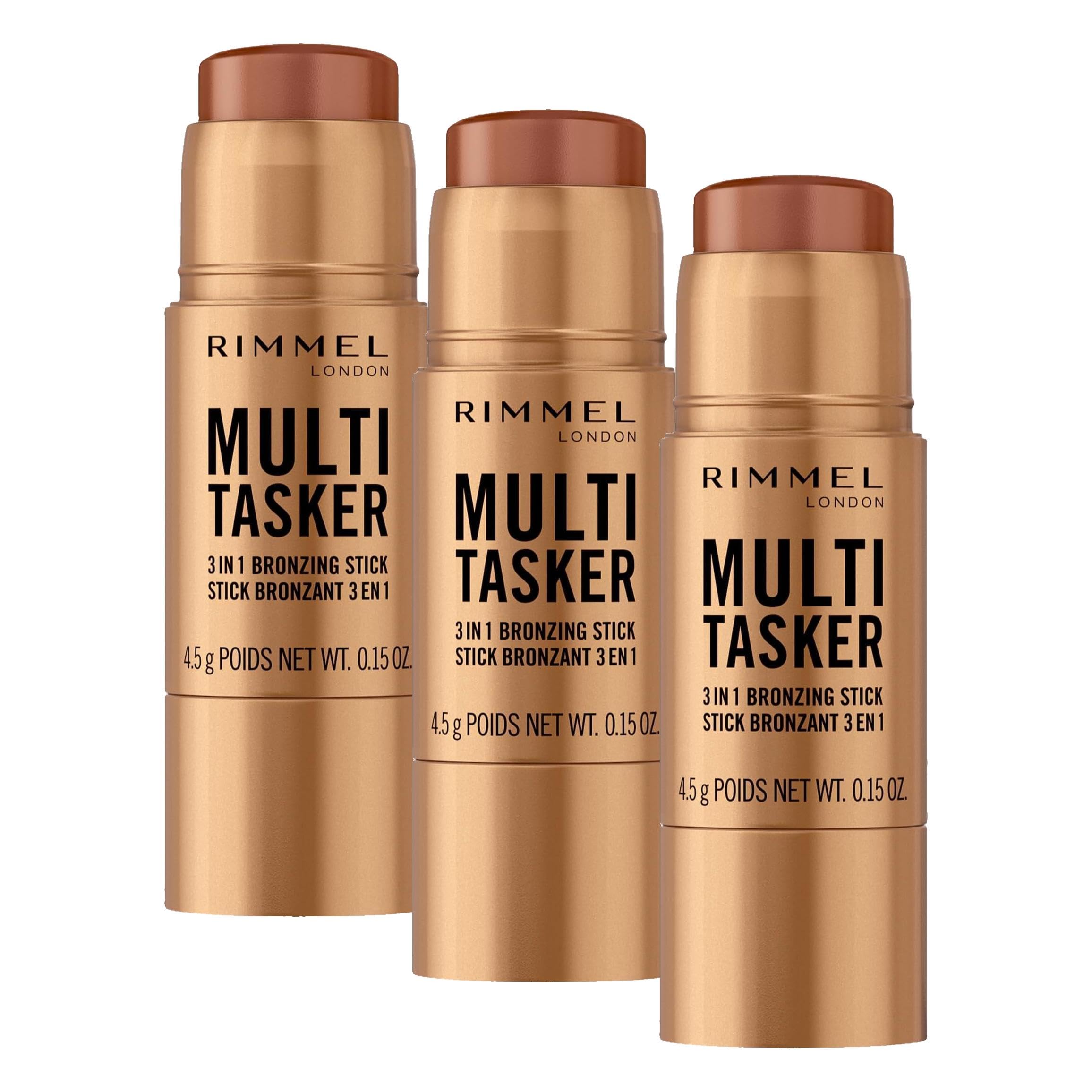 Rimmel Multi Tasker 3 in 1 Bronzing Stick, 001 Light, Sculpted and Bronzed Glow, All-Day Wear, Sheer and Dewy Finish, Infused with Vitamin C & E, Vegan Formula, Cruelty-Free