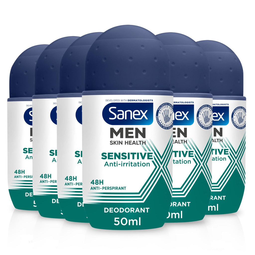 Sanex Men Sensitive Antiperspirant Roll-On Deodorant 6x50ml, 48 hour sweat protection, odour-fighting formula, slows down odour release, gentle on skin, 0% alcohol