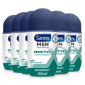 Sanex Men Sensitive Antiperspirant Roll-On Deodorant 6x50ml, 48 hour sweat protection, odour-fighting formula, slows down odour release, gentle on skin, 0% alcohol