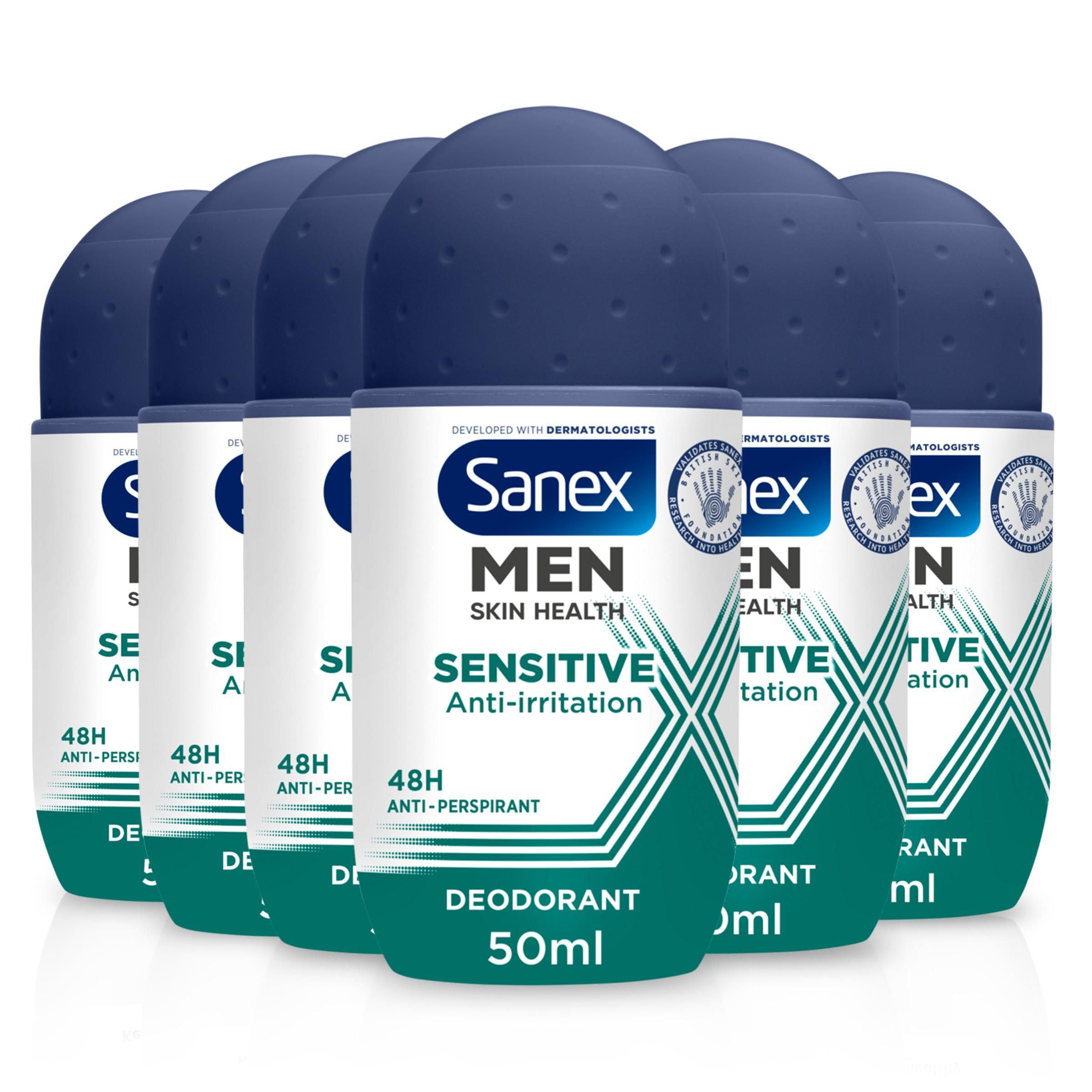 Sanex Men Sensitive Antiperspirant Roll-On Deodorant 6x50ml, 48 hour sweat protection, odour-fighting formula, slows down odour release, gentle on skin, 0% alcohol