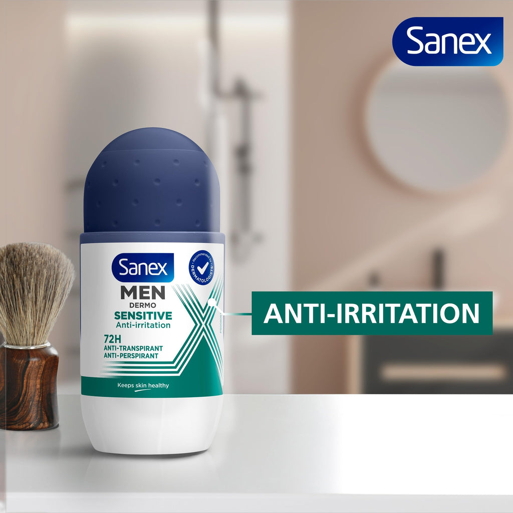 Sanex Men Sensitive Antiperspirant Roll-On Deodorant 6x50ml, 48 hour sweat protection, odour-fighting formula, slows down odour release, gentle on skin, 0% alcohol