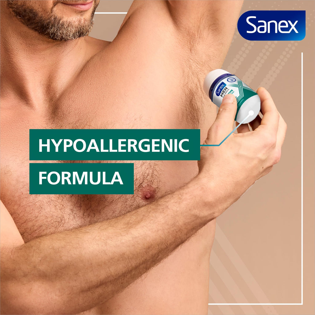 Sanex Men Sensitive Antiperspirant Roll-On Deodorant 6x50ml, 48 hour sweat protection, odour-fighting formula, slows down odour release, gentle on skin, 0% alcohol