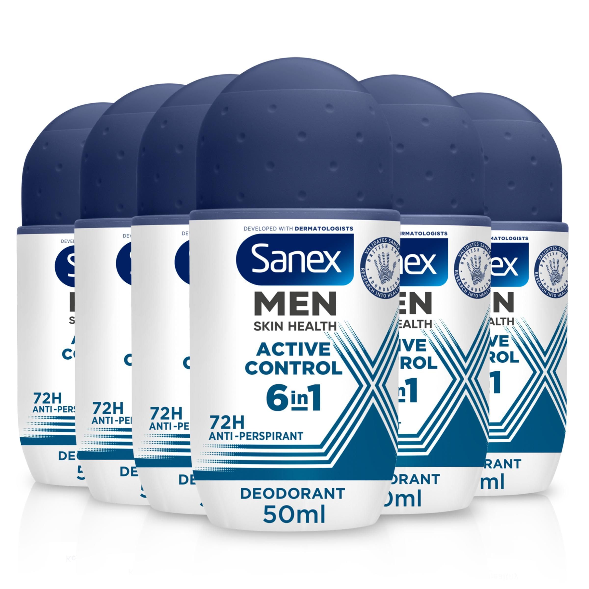 Sanex Men Sensitive Antiperspirant Roll-On Deodorant 6x50ml, 48 hour sweat protection, odour-fighting formula, slows down odour release, gentle on skin, 0% alcohol