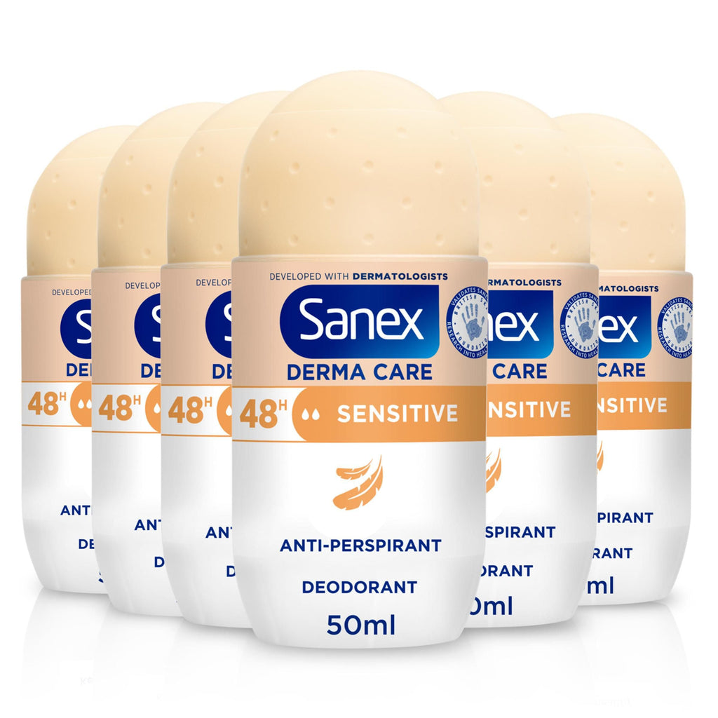 Sanex Men Sensitive Antiperspirant Roll-On Deodorant 6x50ml, 48 hour sweat protection, odour-fighting formula, slows down odour release, gentle on skin, 0% alcohol