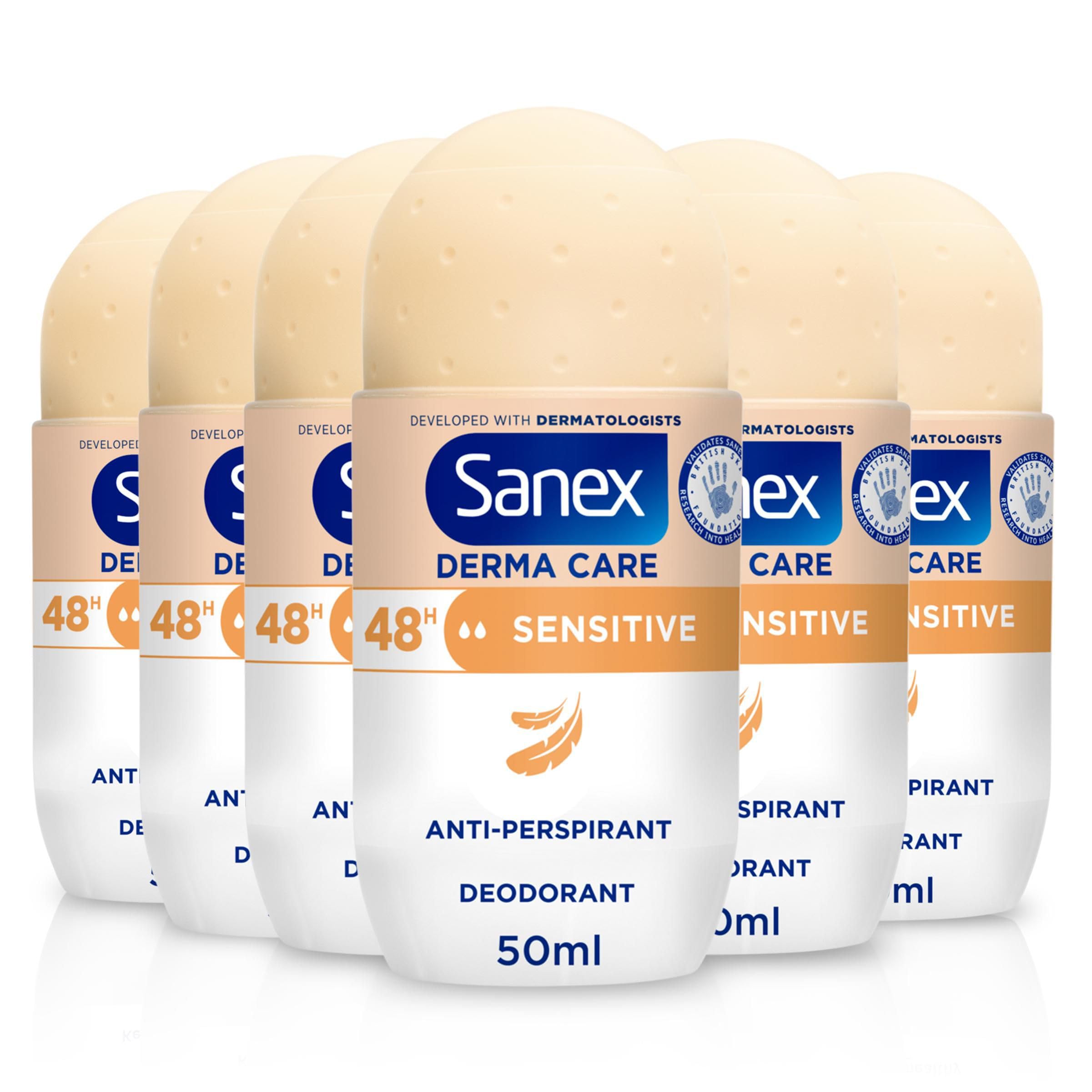 Sanex Men Sensitive Antiperspirant Roll-On Deodorant 6x50ml, 48 hour sweat protection, odour-fighting formula, slows down odour release, gentle on skin, 0% alcohol