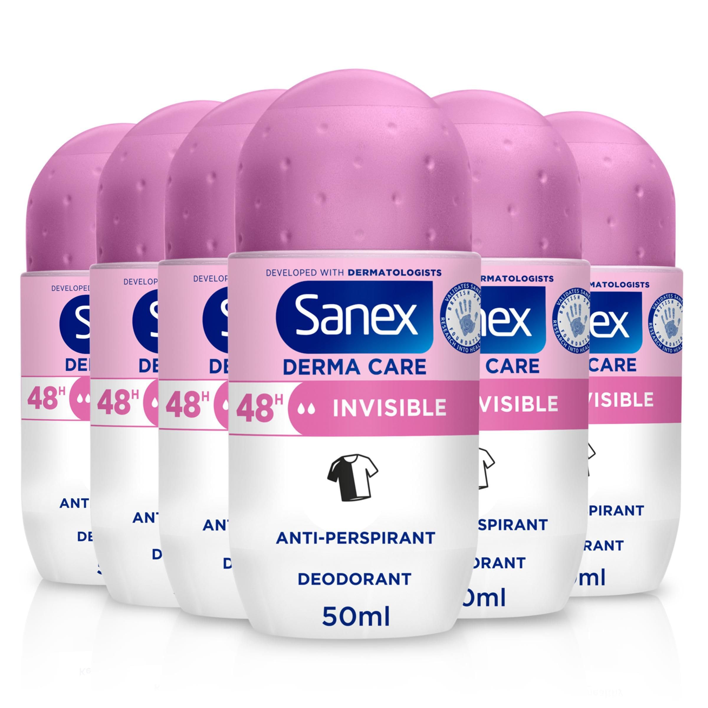 Sanex Men Sensitive Antiperspirant Roll-On Deodorant 6x50ml, 48 hour sweat protection, odour-fighting formula, slows down odour release, gentle on skin, 0% alcohol