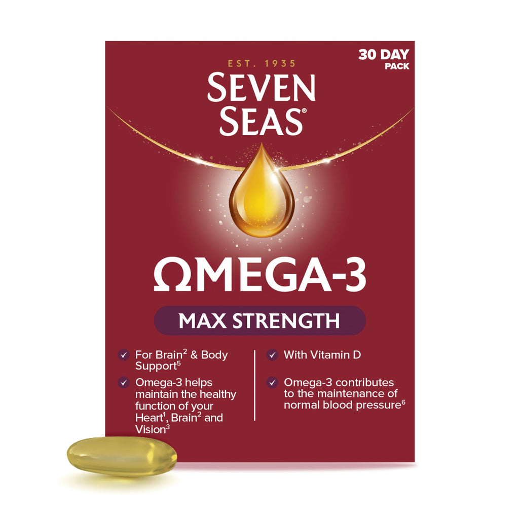 Seven Seas Omega-3 Fish Oil, Max Strength with Omega 3 and Vitamin D for Brain^2 and Body, 30 Capsules - BBE 08/2028