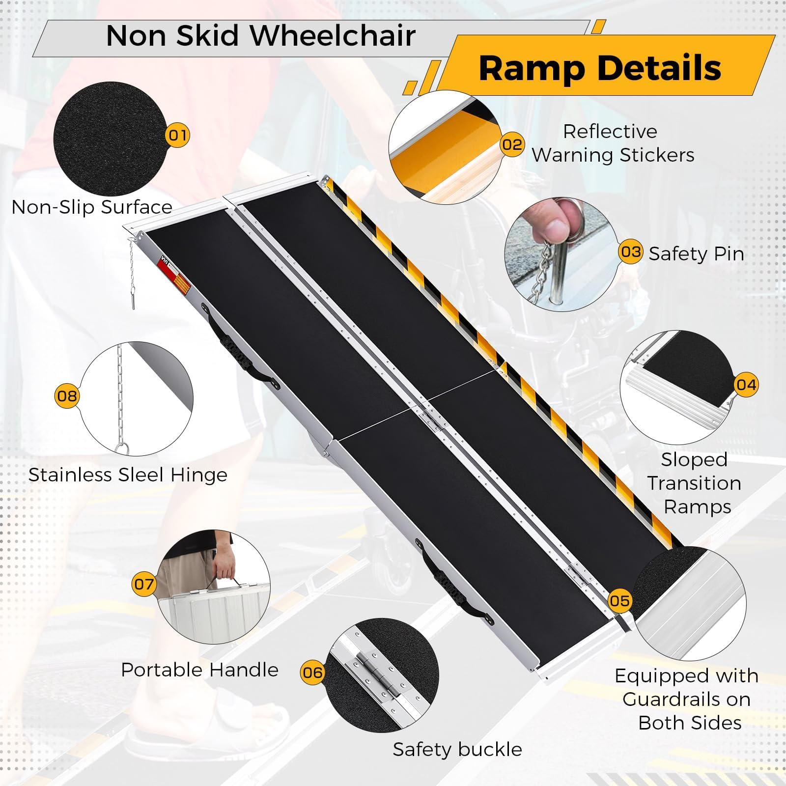 Portable Folding Wheelchair Ramps 6FT-182Lx74Wcm Aluminum Wheelchair Ramp for Steps/Stairs/Cars, 600Lbs/272Kg Capacity, Anti-Slip, Transition Plate & Reflective Stickers - Very Good