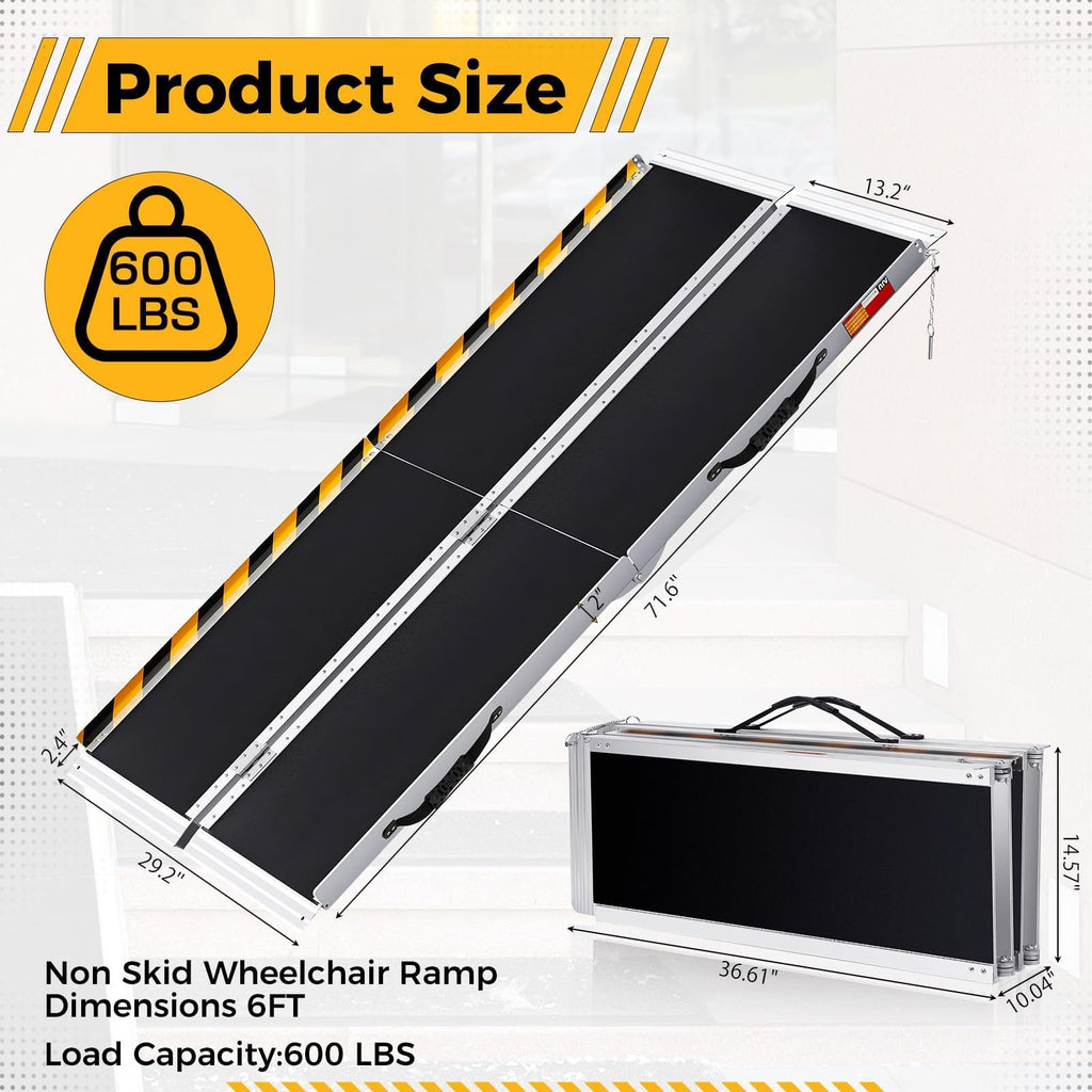 Portable Folding Wheelchair Ramps 6FT-182Lx74Wcm Aluminum Wheelchair Ramp for Steps/Stairs/Cars, 600Lbs/272Kg Capacity, Anti-Slip, Transition Plate & Reflective Stickers - Very Good