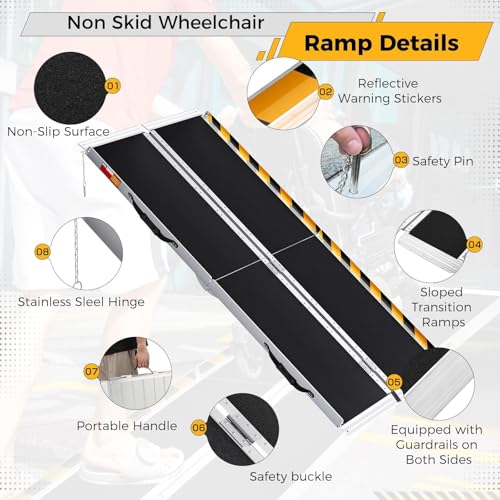 Portable Folding Wheelchair Ramps 6FT-182Lx74Wcm Aluminum Wheelchair Ramp for Steps/Stairs/Cars, 600Lbs/272Kg Capacity, Anti-Slip, Transition Plate & Reflective Stickers - Very Good