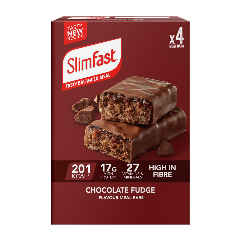 SlimFast Meal Replacement Snack Bar o Chocolate Fudge Flavour o 211 Cals o 15g Protein o 23 Vitamins and Minerals o Tasty and Perfect On The Go o 4 x 60g Bars - Damaged Box - BBE 01/2027