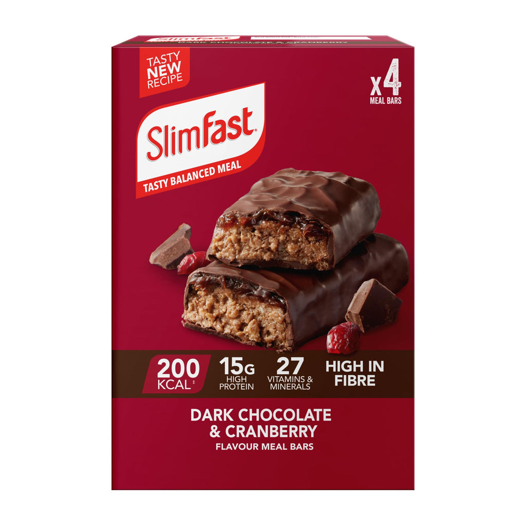 SlimFast Meal Replacement Snack Bar o Chocolate Fudge Flavour o 211 Cals o 15g Protein o 23 Vitamins and Minerals o Tasty and Perfect On The Go o 4 x 60g Bars - Damaged Box - BBE 01/2027