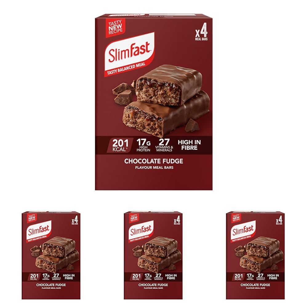 SlimFast Meal Replacement Snack Bar o Chocolate Fudge Flavour o 211 Cals o 15g Protein o 23 Vitamins and Minerals o Tasty and Perfect On The Go o 4 x 60g Bars - Damaged Box - BBE 01/2027