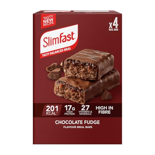 SlimFast Meal Replacement Snack Bar o Chocolate Fudge Flavour o 211 Cals o 15g Protein o 23 Vitamins and Minerals o Tasty and Perfect On The Go o 4 x 60g Bars - Damaged Box - BBE 01/2027