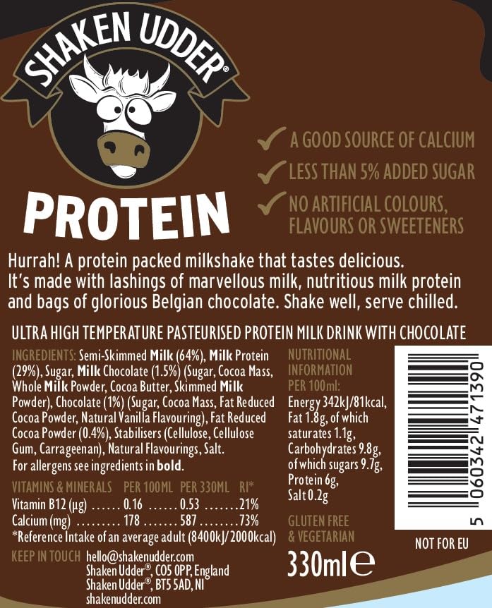 Shaken Udder Chocolate Protein Milkshake,8 x 330ml,Made with Real Belgian Chocolate,High Protein & Calcium,Less Than 5% Added Sugar,Vegetarian & Gluten-Free - BBE 11/2026