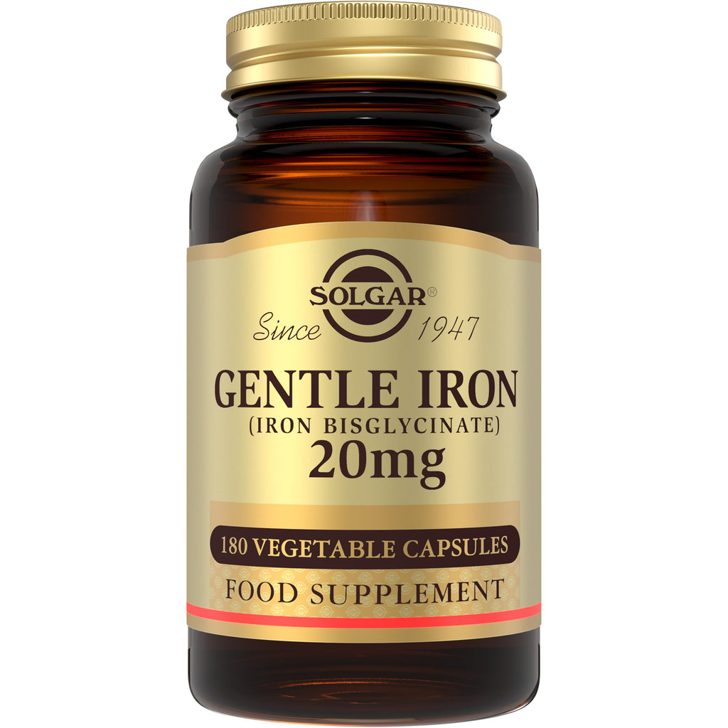 Solgar Gentle Iron (Iron Bisglycinate) 20 mg Vegetable Capsules - Pack of 180 - Reduces Constipating Effects - Gentle on The Stomach - Vegan and Gluten Free - BBE 01/2029
