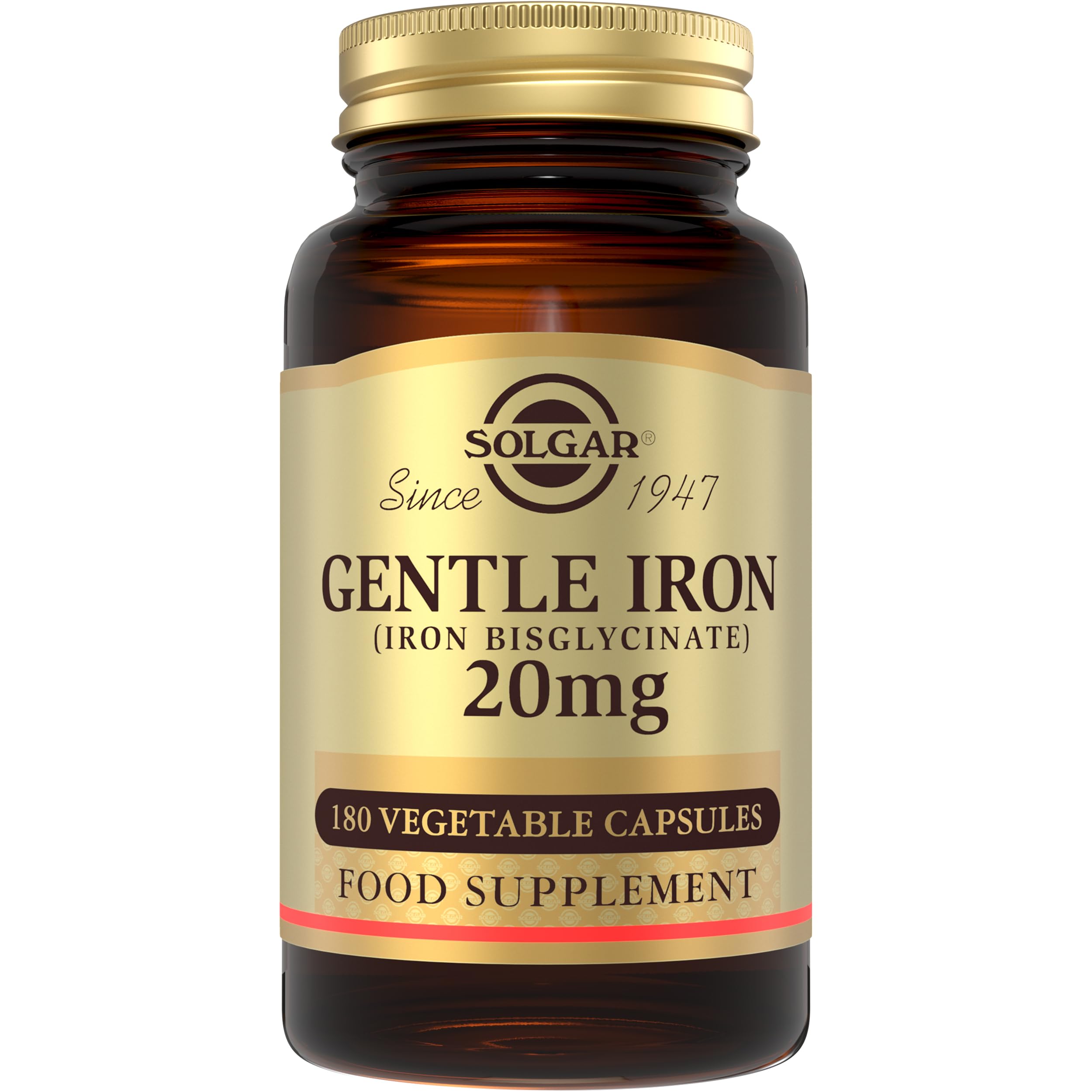 Solgar Gentle Iron (Iron Bisglycinate) 20 mg Vegetable Capsules - Pack of 180 - Reduces Constipating Effects - Gentle on The Stomach - Vegan and Gluten Free - BBE 01/2029