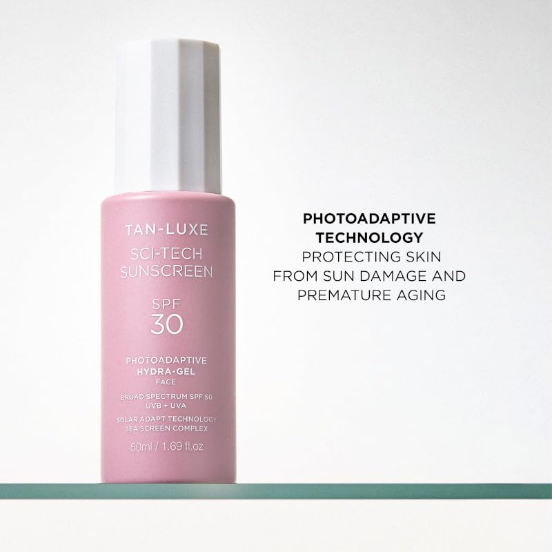 Tan-Luxe Photo-Adaptive Face Gel SPF 30 50ml - Ultra-Lightweight Water-Based Sunscreen with Blue Light Defense, Collagen Support & Sea-Screen Complex - Non-Greasy, Hydrating