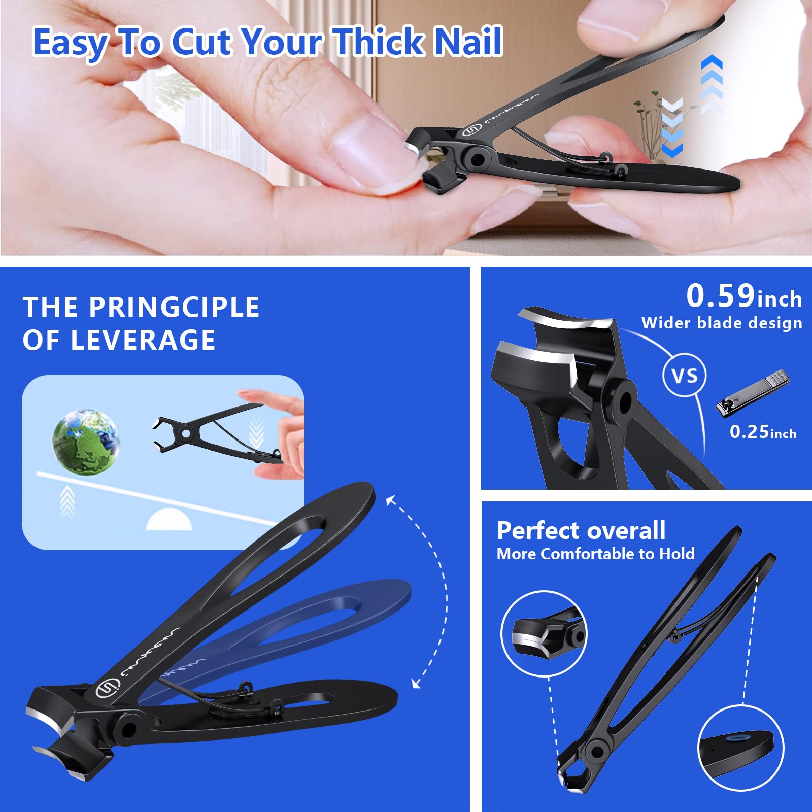 Toe Nail Clippers for Thick Nails for Seniors | 3-Pack Ergonomic Heavy Duty Angled Head Nail Clippers with Catcher|Premium Steel Wide Opening Large German Fingernail Clippers Nail Cutter for Men Women