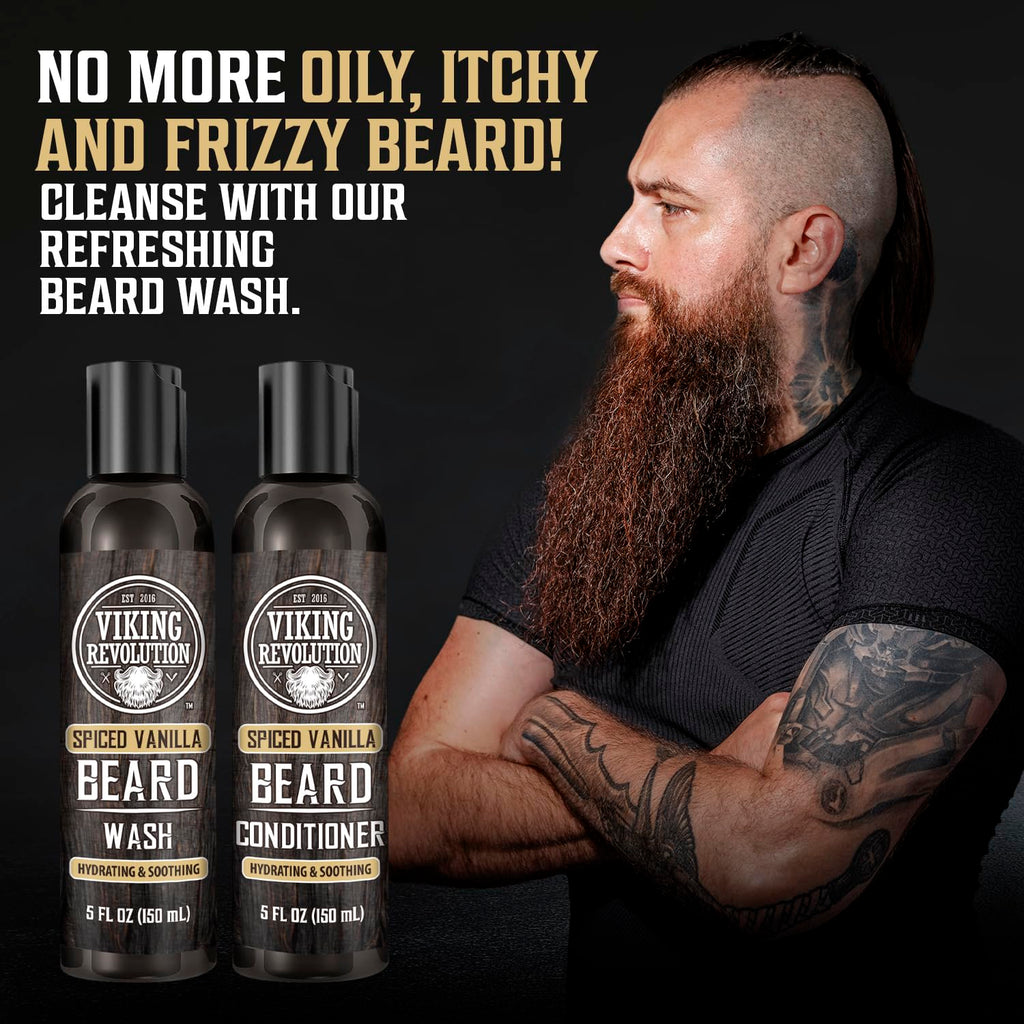 Viking Revolution - Beard Shampoo And Conditioner - Natural Beard Wash & Beard Conditioner With Argan & Jojoba Oils - Softens & Strengthens - Gifts For Men - Spiced Vanilla - 2 x 150 ml