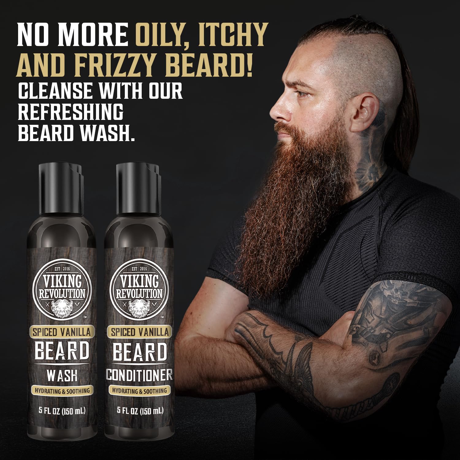 Viking Revolution - Beard Shampoo And Conditioner - Natural Beard Wash & Beard Conditioner With Argan & Jojoba Oils - Softens & Strengthens - Gifts For Men - Spiced Vanilla - 2 x 150 ml