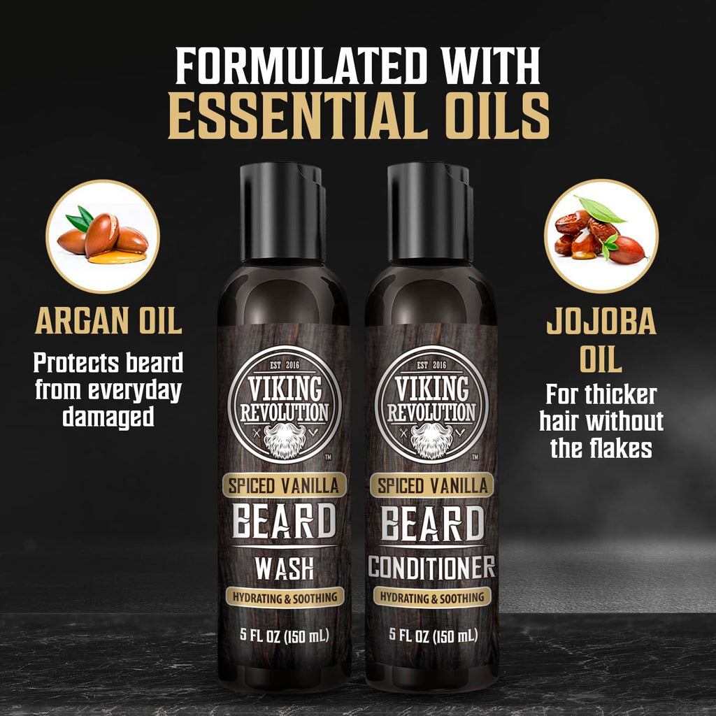 Viking Revolution - Beard Shampoo And Conditioner - Natural Beard Wash & Beard Conditioner With Argan & Jojoba Oils - Softens & Strengthens - Gifts For Men - Spiced Vanilla - 2 x 150 ml
